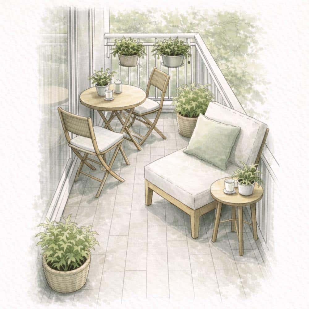 Balkoninriching met bistroset en loungestoel