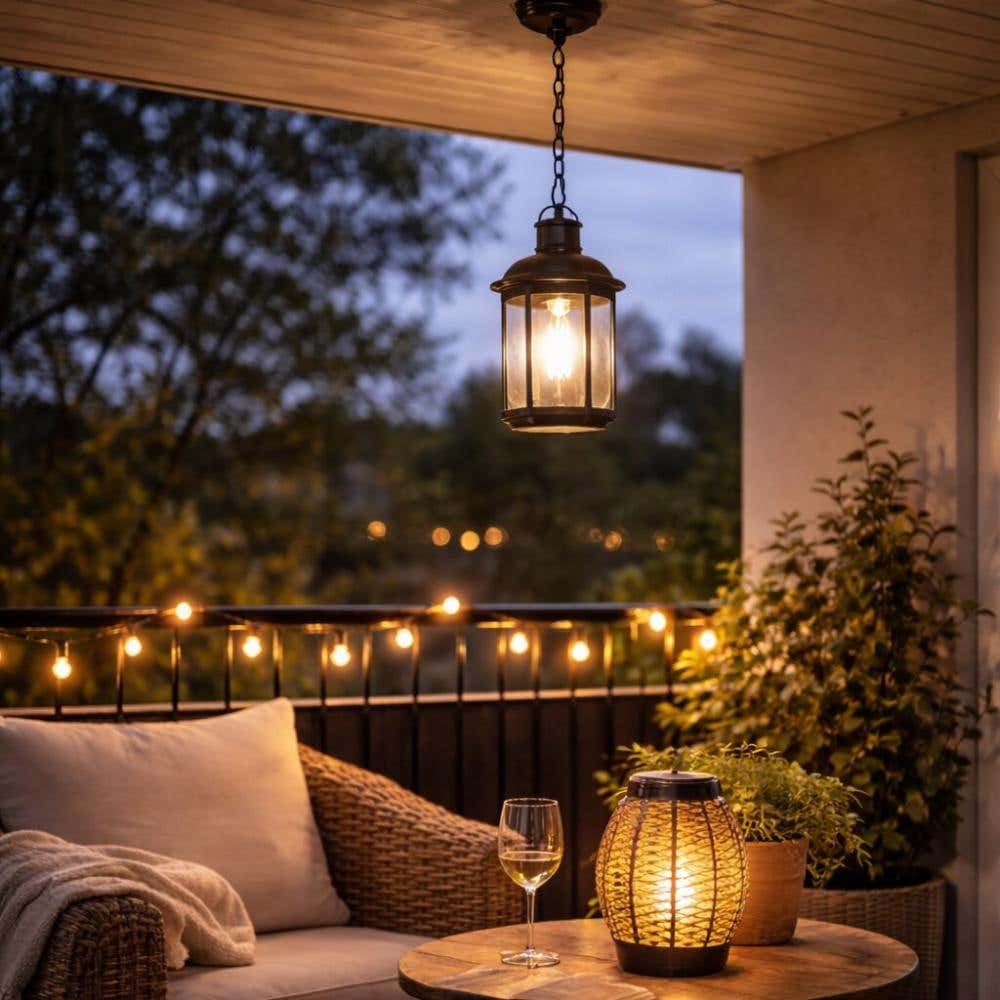 Sfeervol balkon met hanglamp, lichtsnoer aan de reling en een lantaarn op de tafel