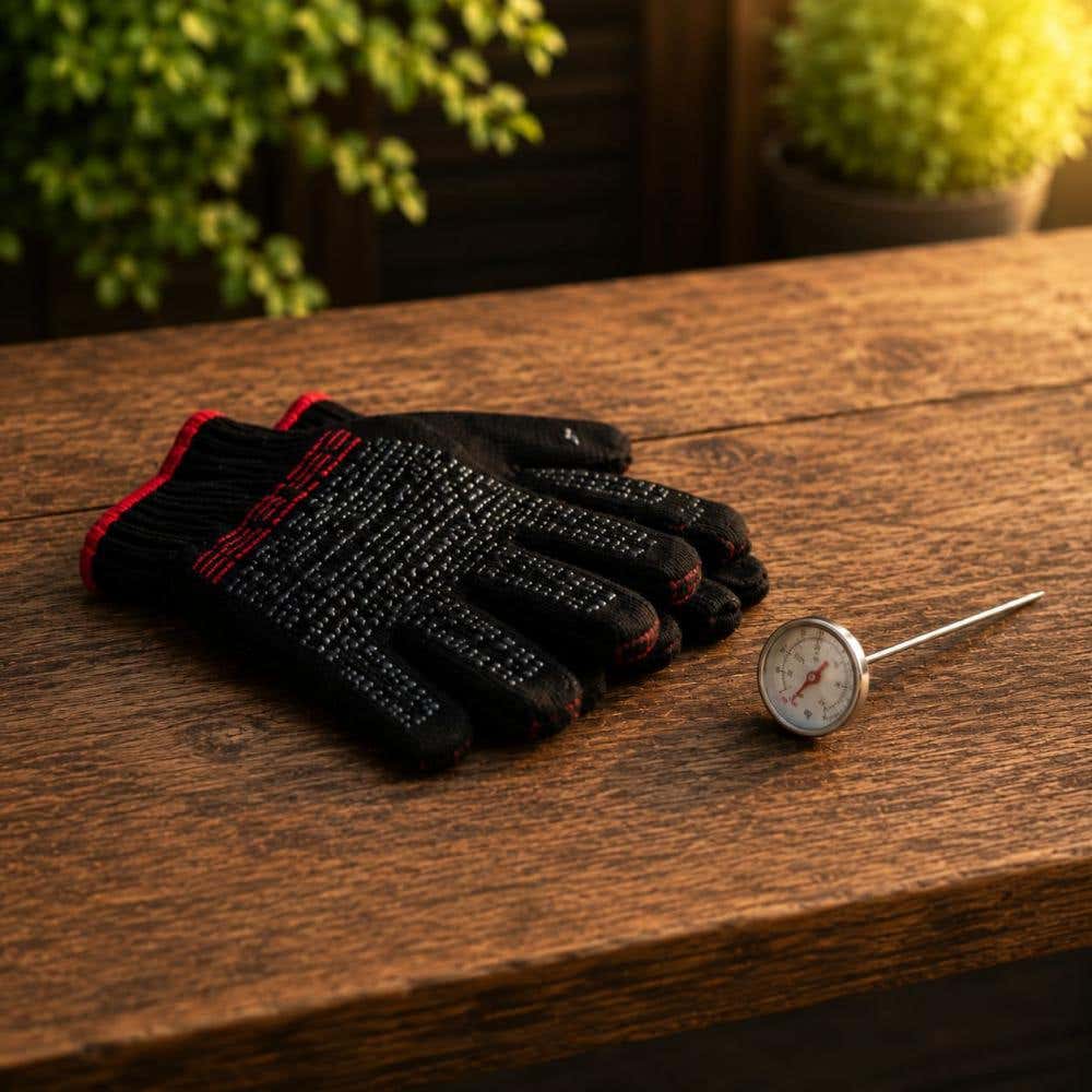 Barbecuehandschoenen en een barbecue thermometer voor vlees