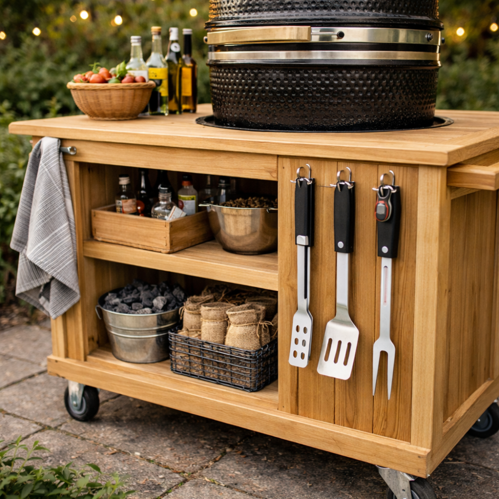 Ingerichte barbecuetafel met opbergruimte voor accessoires en gereedschap