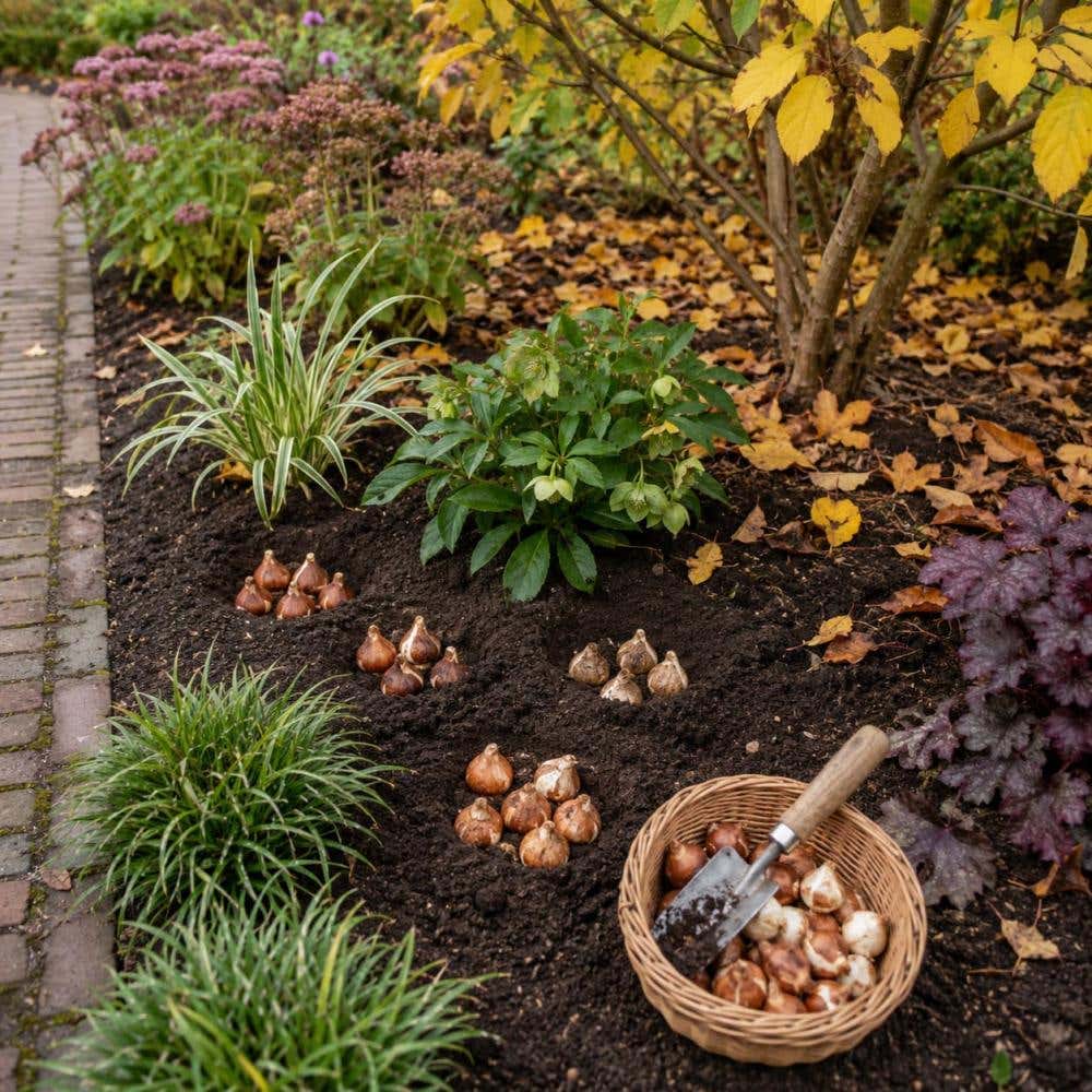 bloembollen in groepjes planten tussen vaste planten in de grond