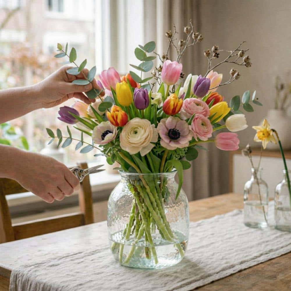 Gemixt bloemenboeket in glazen vaas op tafel