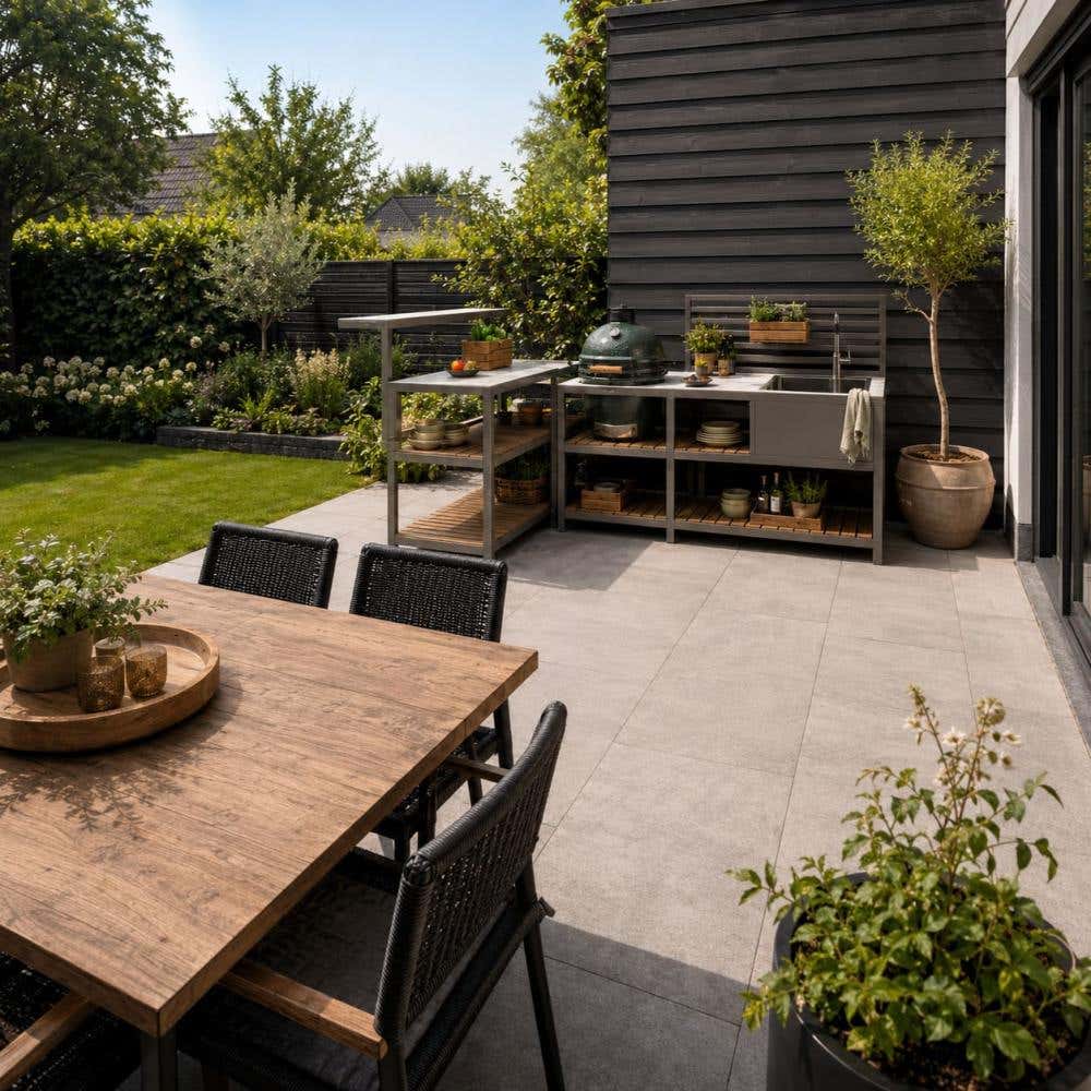 ideale plek voor een buitenkeuken op het terras bij de eettafel
