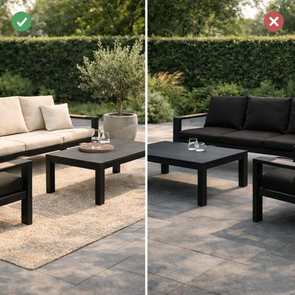 Tuinset met alles zwart en strak versus tuinset met zwart frame en lichte accessoires