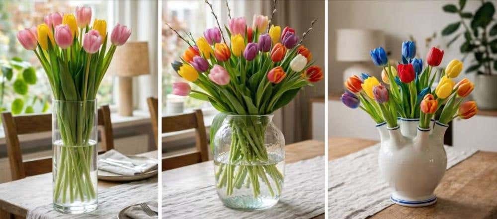 Drie verschillende vazen voor tulpen: hoog, rond en tulpenvaas