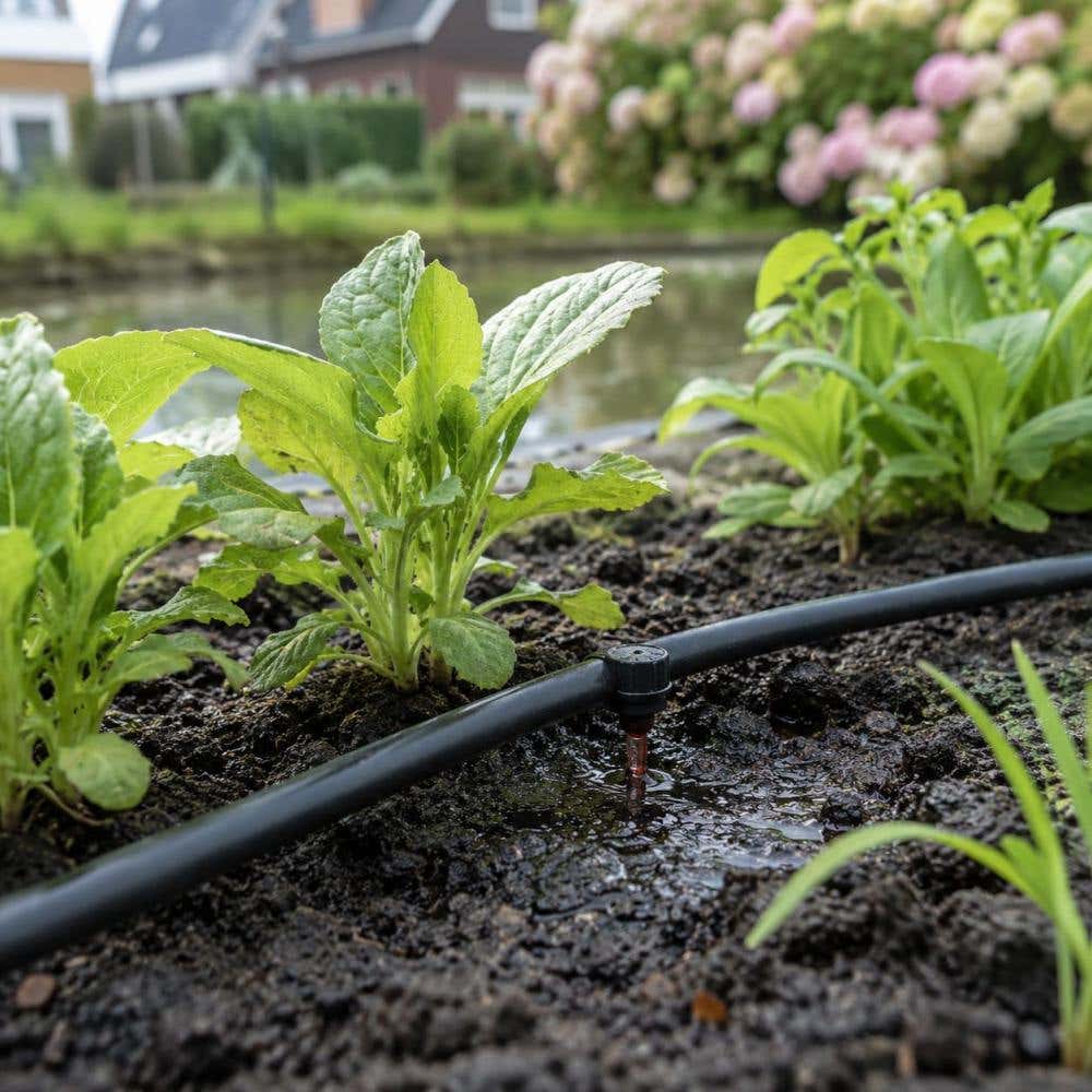 druppelsysteem in tuin bij planten