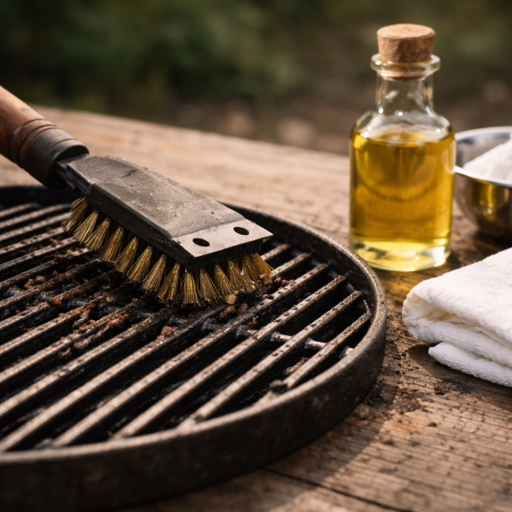 Gietijzeren barbecuerooster schoonmaken met barbecueborstel en olie 