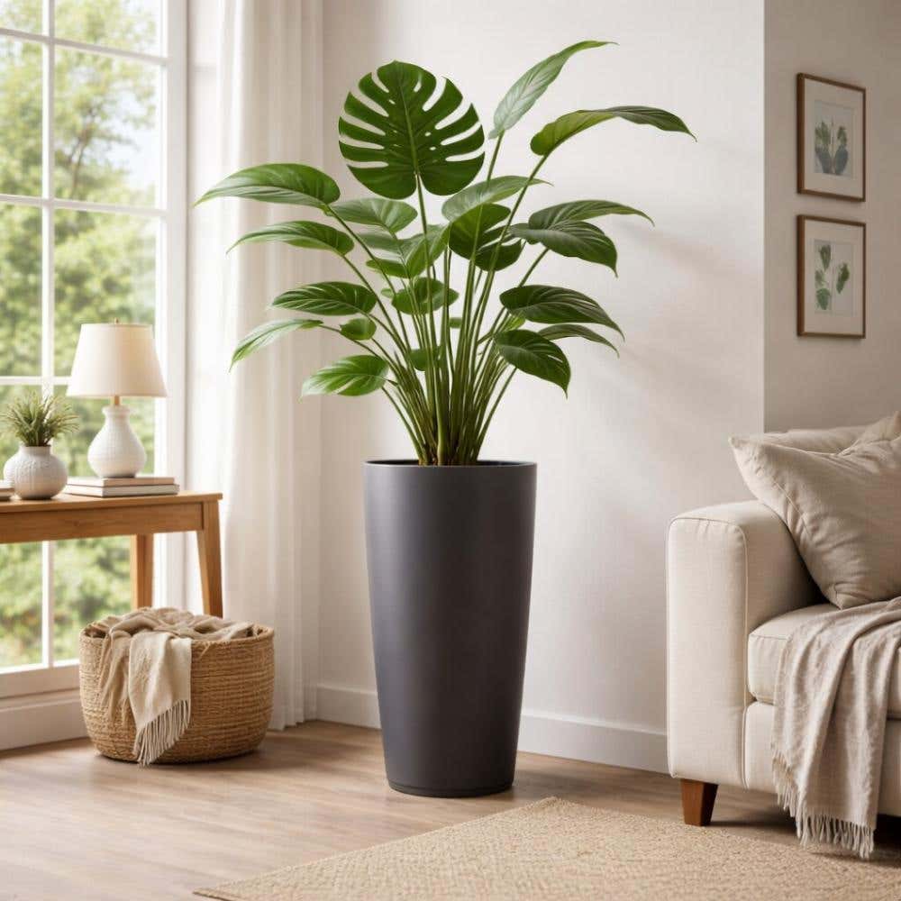 Kamerplant in een hoge pot in de woonkamer