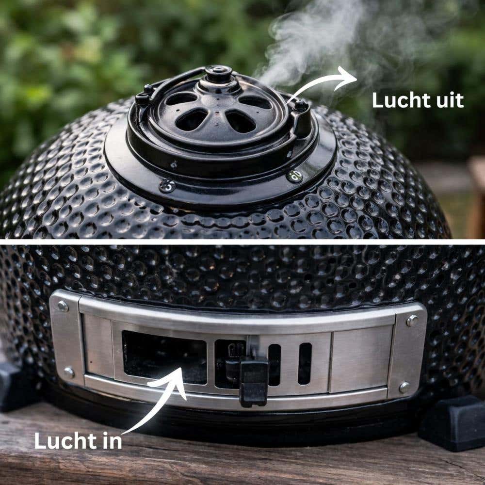 De luchtinvoer en luchtuitlaat van een kamado barbecue