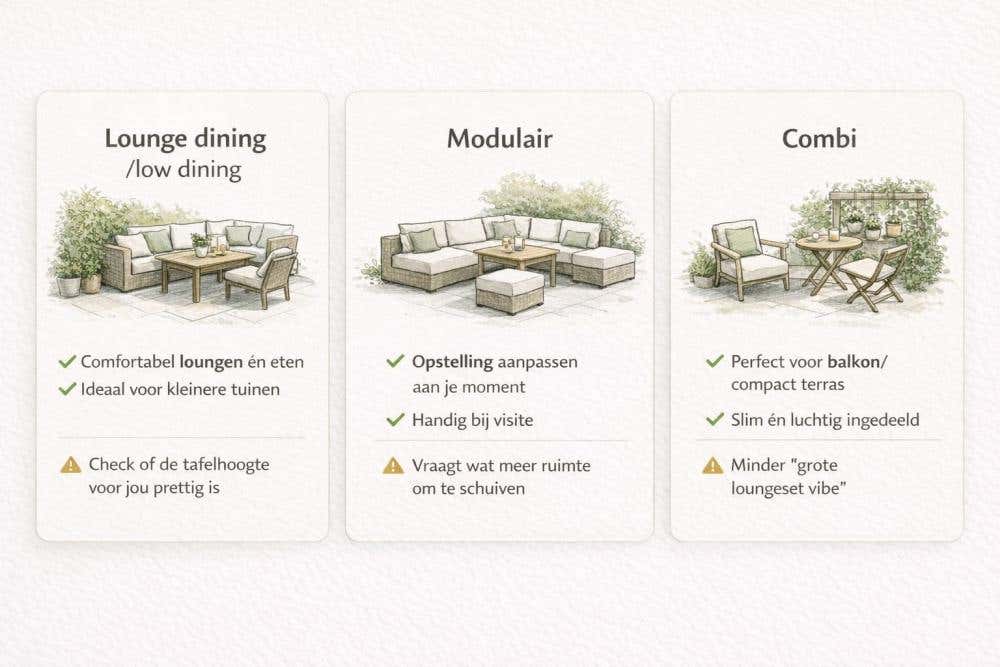 Vergelijking tussen lounge dining, modulair en combi tuinmeubelen