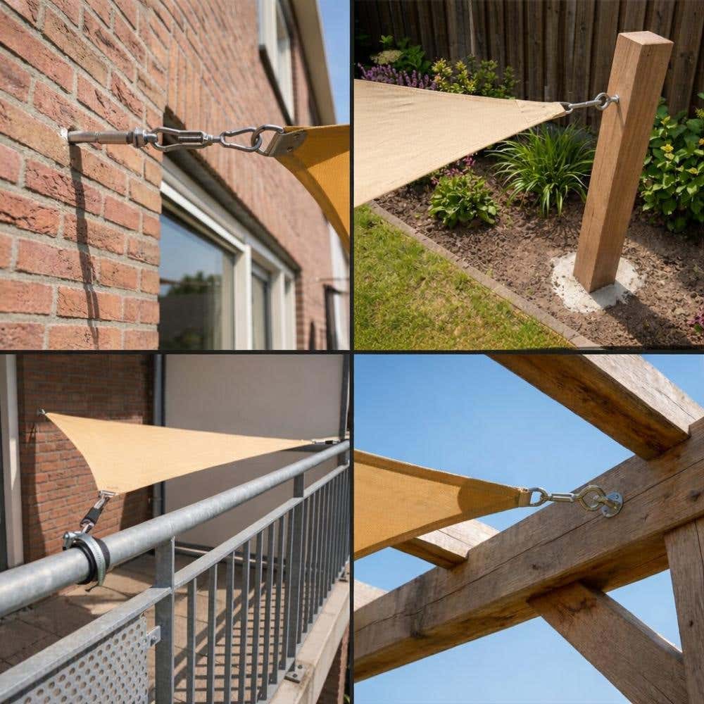 Een schaduwdoek op verschillende manieren bevestigd