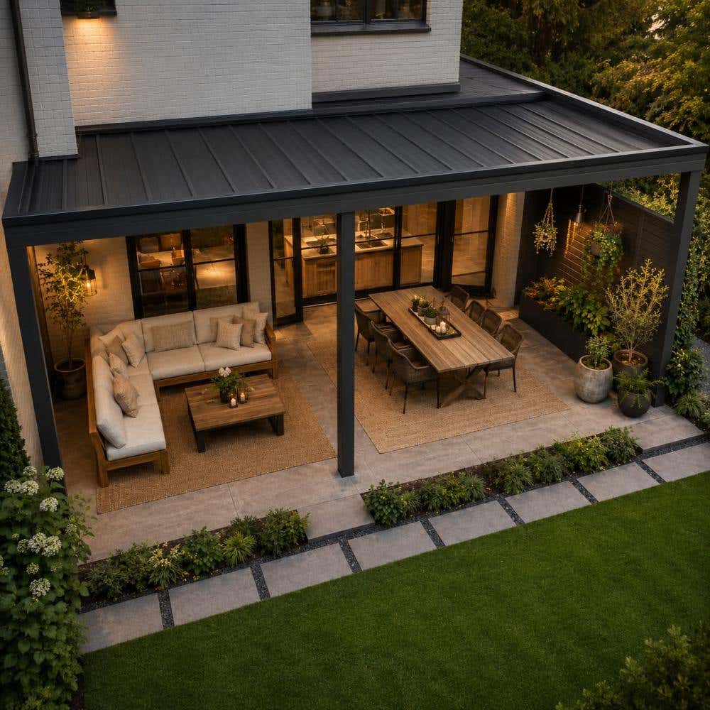 Overkapping indelen met loungehoek, eethoek en planten