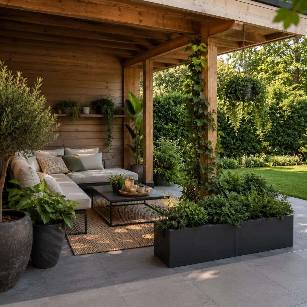 Gezellig ingerichte terrasoverkapping met planten als sfeermaker