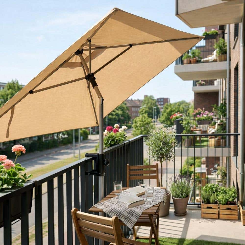 Parasol met balkonklemmen bevestigd aan balkonrails