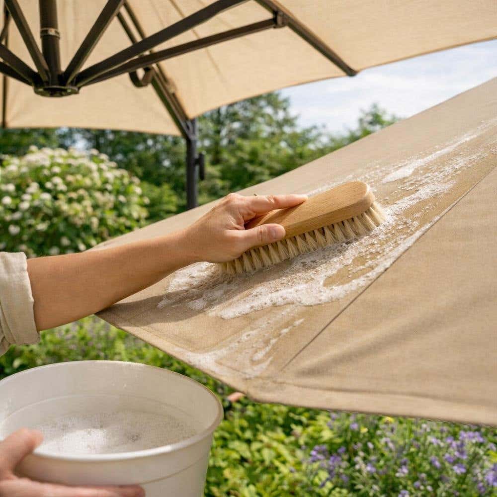Persoon die een parasol aan het schoonmaken is met een sopje en borstel
