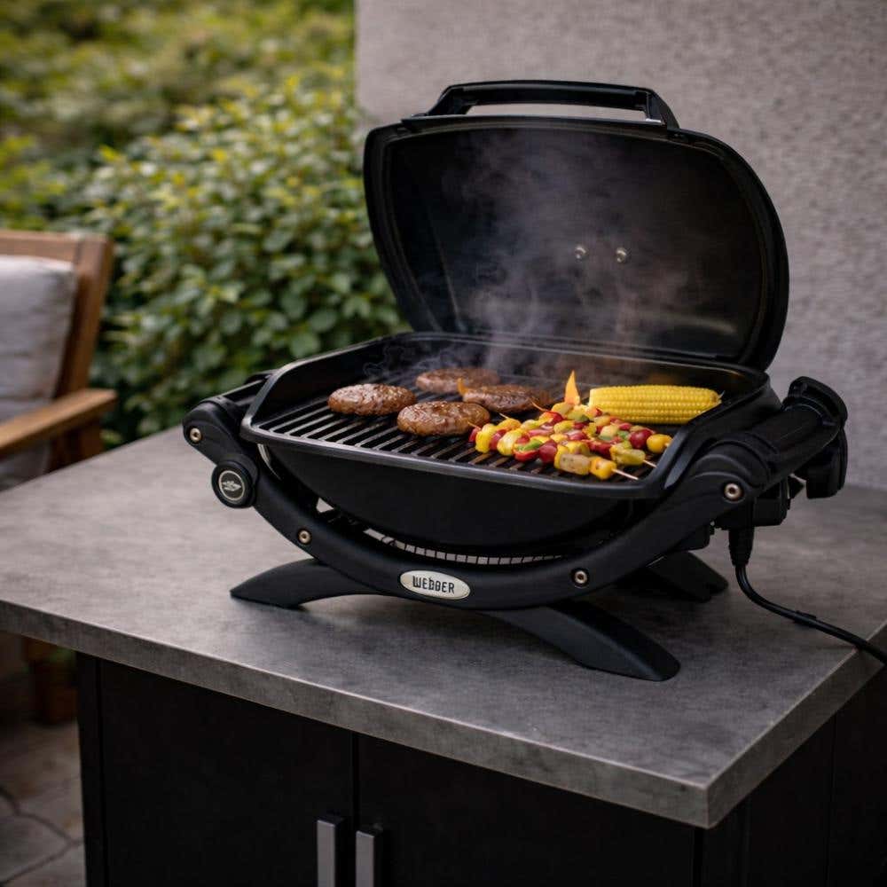 Elektrische barbecue met vlees op de barbecue