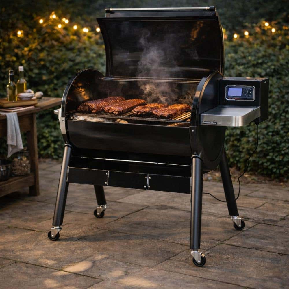 Pelletbarbecue met vlees op de barbecue