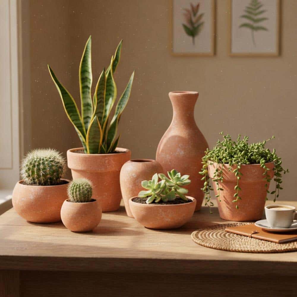 Verschillende terracotta plantenpotten met planten