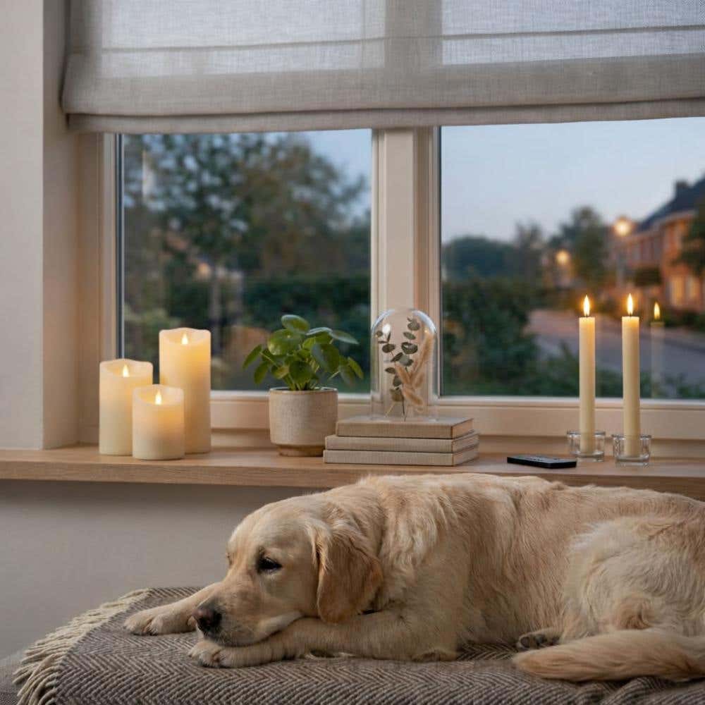Hond bij kaarsen in de buurt