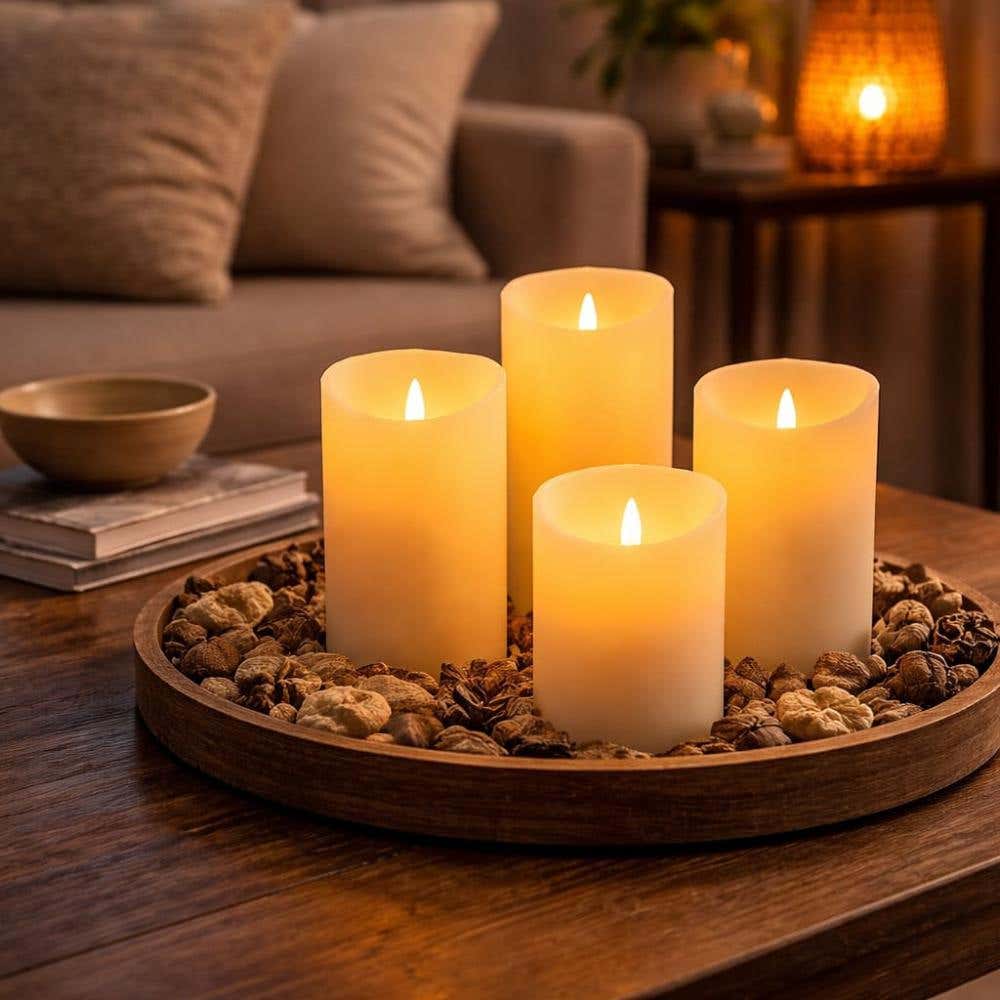 Tafel met plateau met diverse brandende stompkaarsen