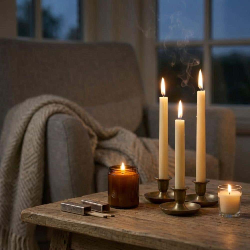 Tafel met diverse echte kaarsen die aan het branden zijn