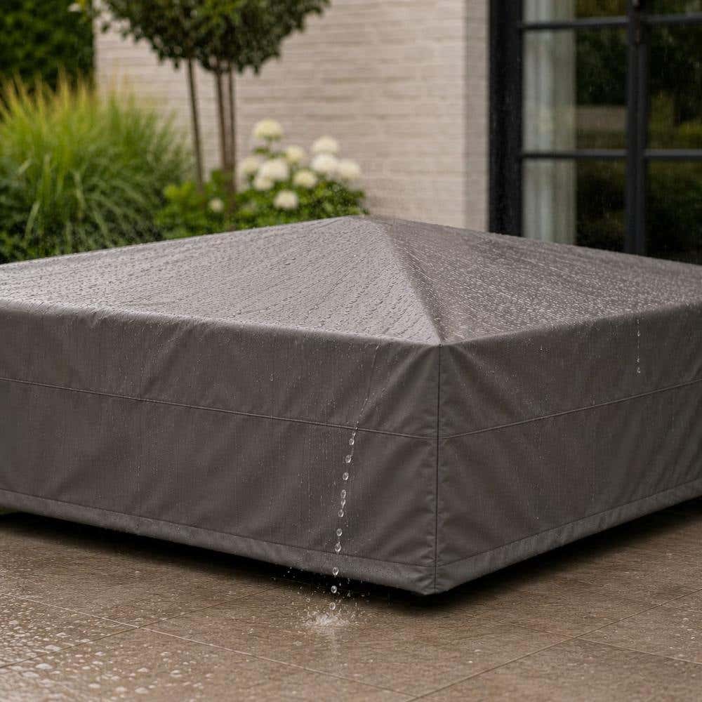 Regenwater loopt van een goed gespannen tuinmeubelhoes af