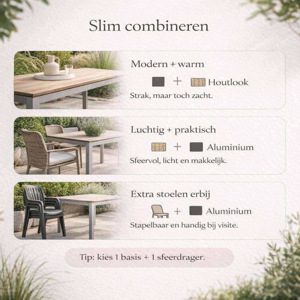 Visualisatie van tuinmeubelmaterialen combinaties en de sfeer die het geeft