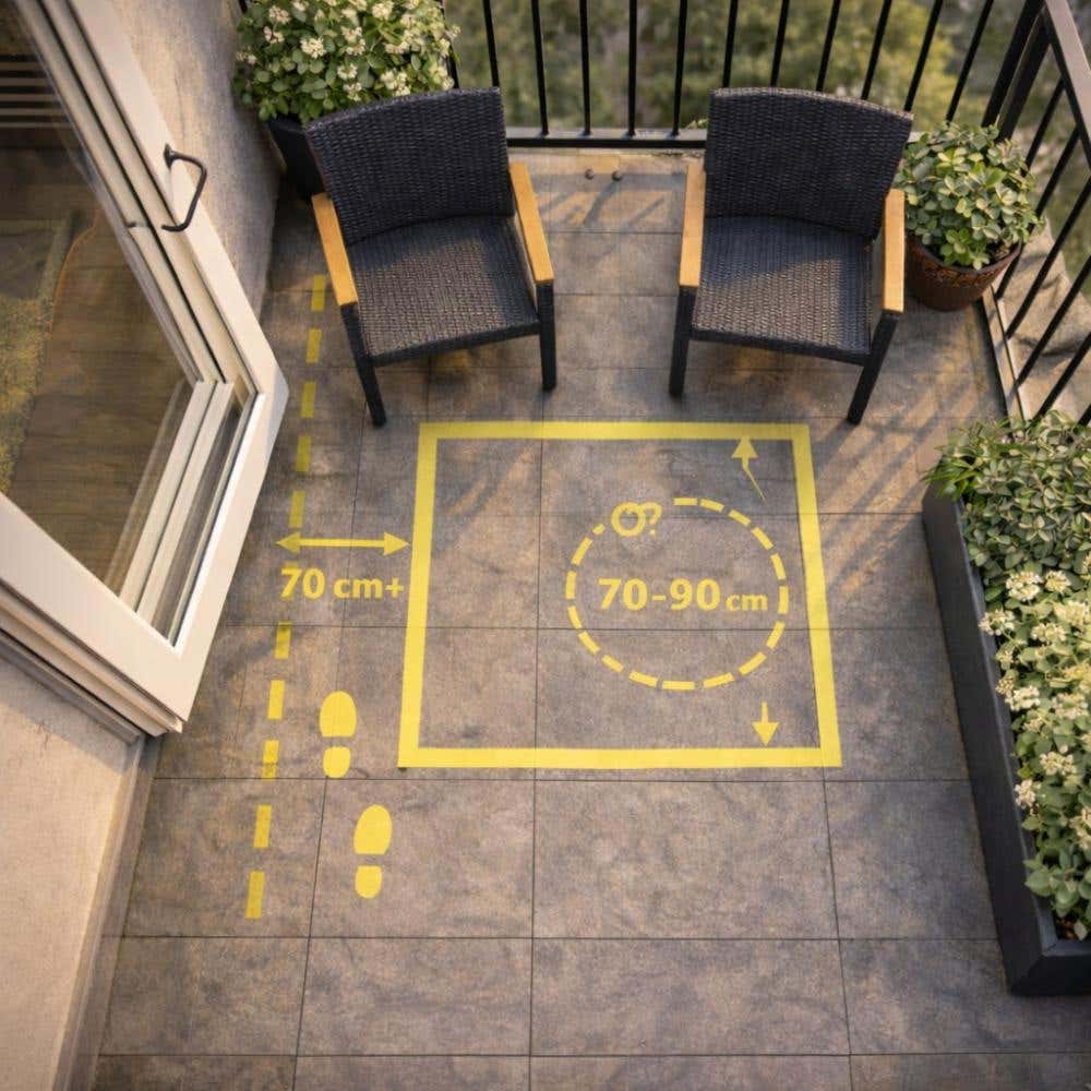 Uitmeten van tuinmeubelen op balkon met tape