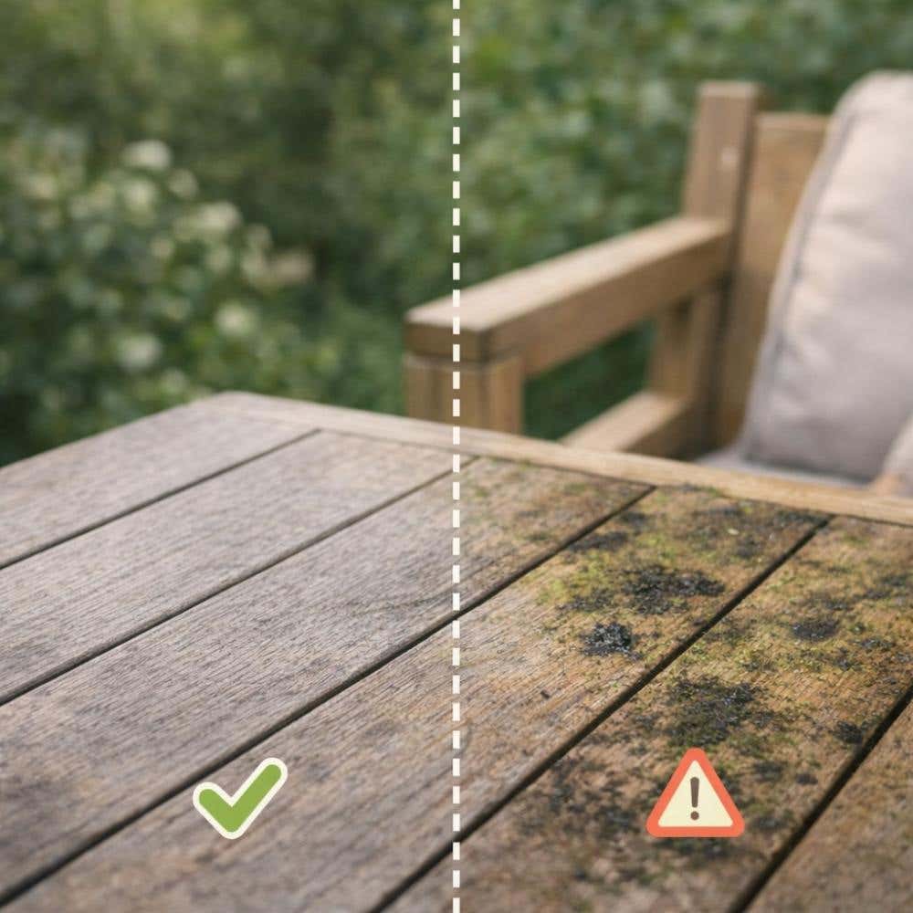 Verschil tussen een vergrijsde houten tuintafel en een rotte houten tuintafel
