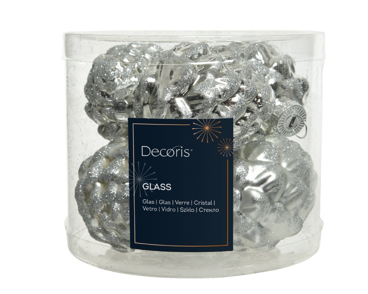 Decoris dennenappel glas zilver 6 stuks 5 x 7 cm