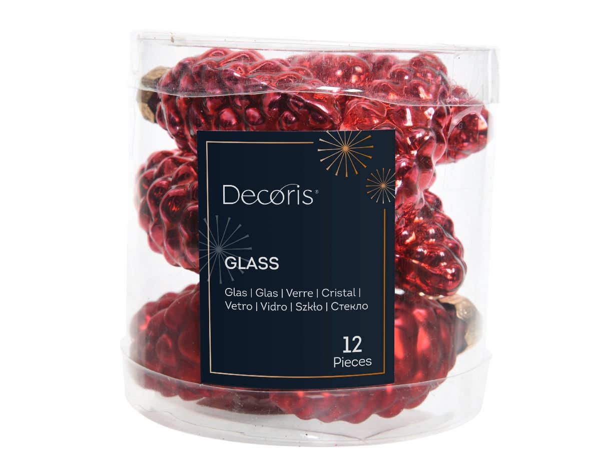Decoris dennenappel glas rood 12 stuks 6 x 2.5 cm