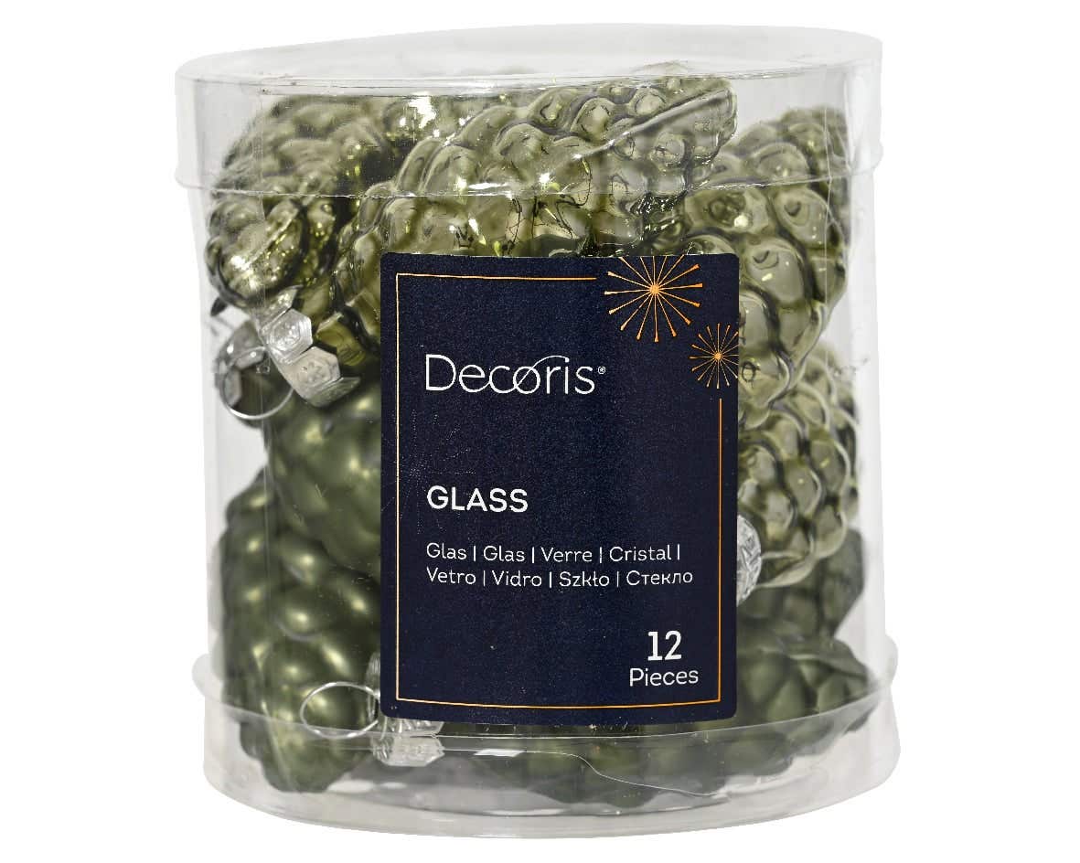 Decoris dennenappel glas groen 12 stuks 6 x 2.5 cm