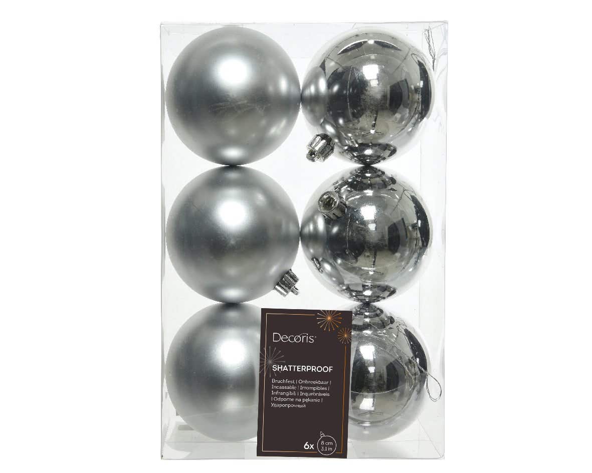 Decoris Kerstballen kunststof zilver 6 stuks 8 Ø cm
