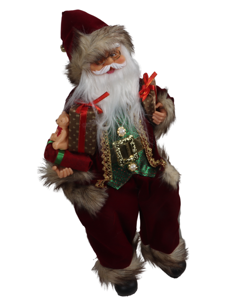 Kerstman mantel met cadeau's zittend