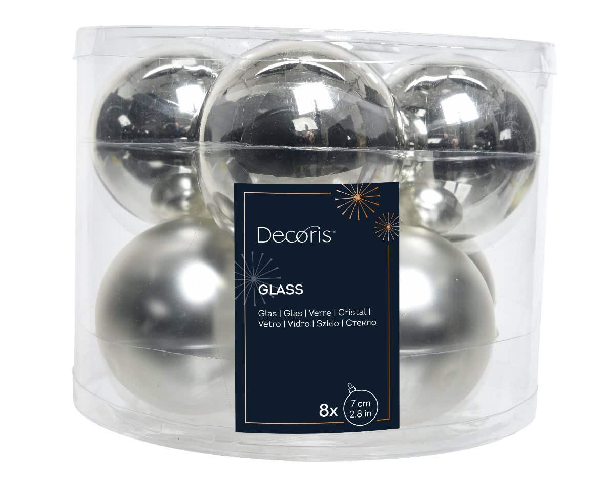 Decoris Kerstballen glas zilver 8 stuks Ø 7 cm