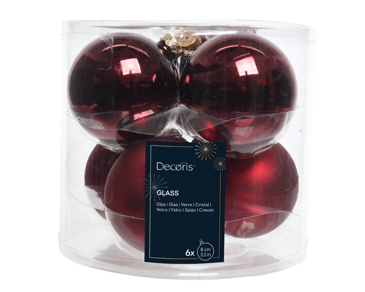 Decoris Kerstballen glas ossenbloed 6 stuks Ø 8 cm