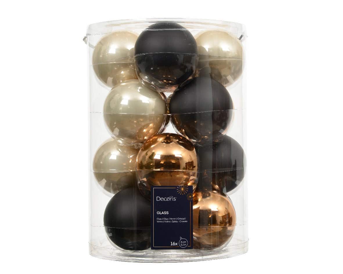 Decoris Kerstballen glas mix zwart creme goud 16 stuks Ø 8 cm