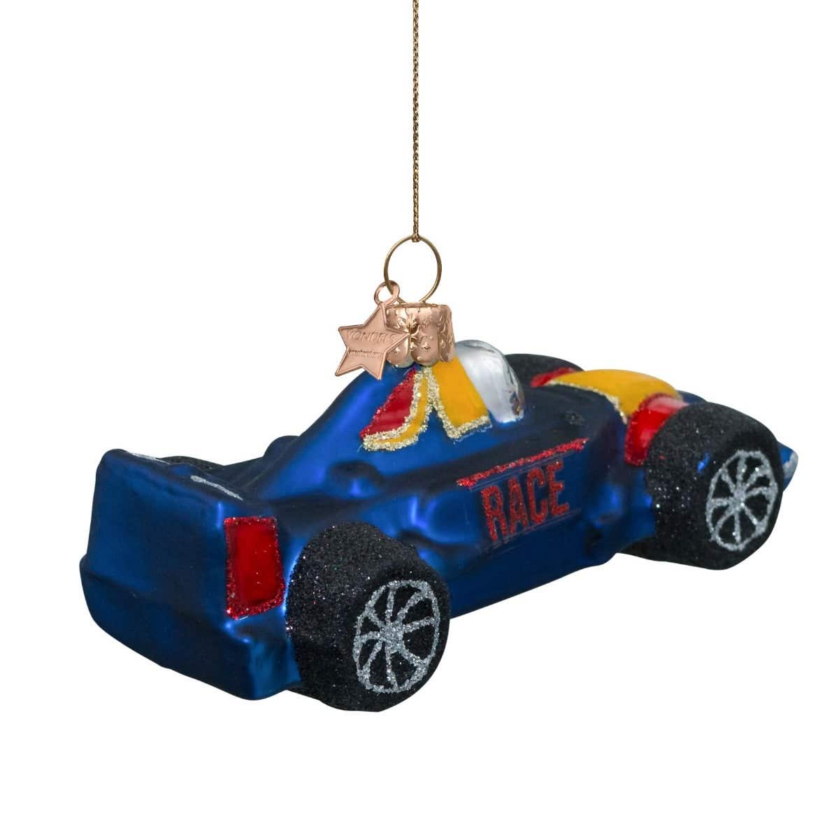Vondels Kersthanger blauwe race auto 5 cm