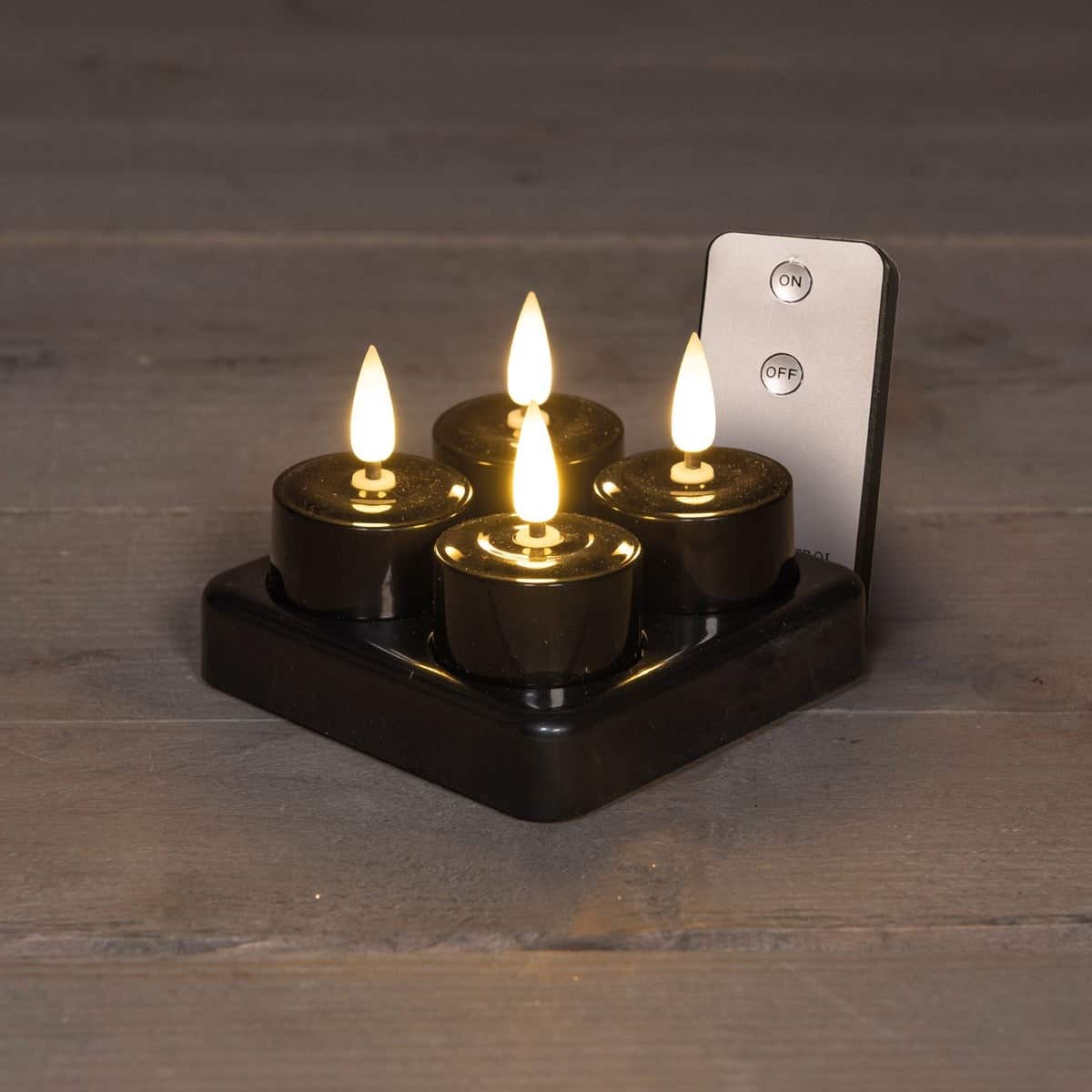 Theelicht LED 3D vlam oplaadbaar 4 stuks zwart