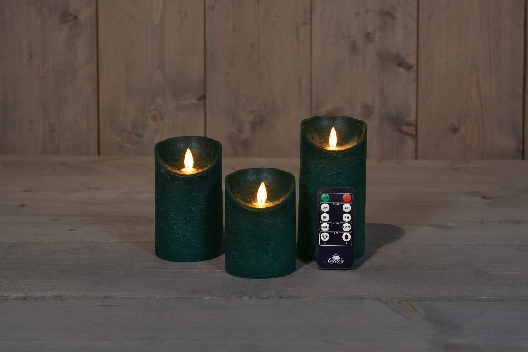 Stompkaars LED Wax Antiek Groen 3 stuks met afstandsbediening