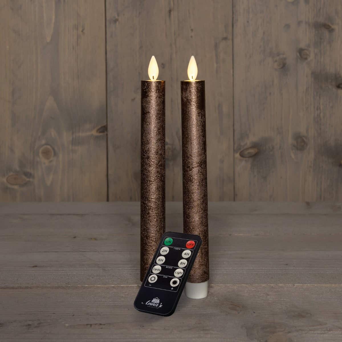 Dinerkaars LED Wax Rustiek Brons 23 cm 2 stuks met afstandsbediening