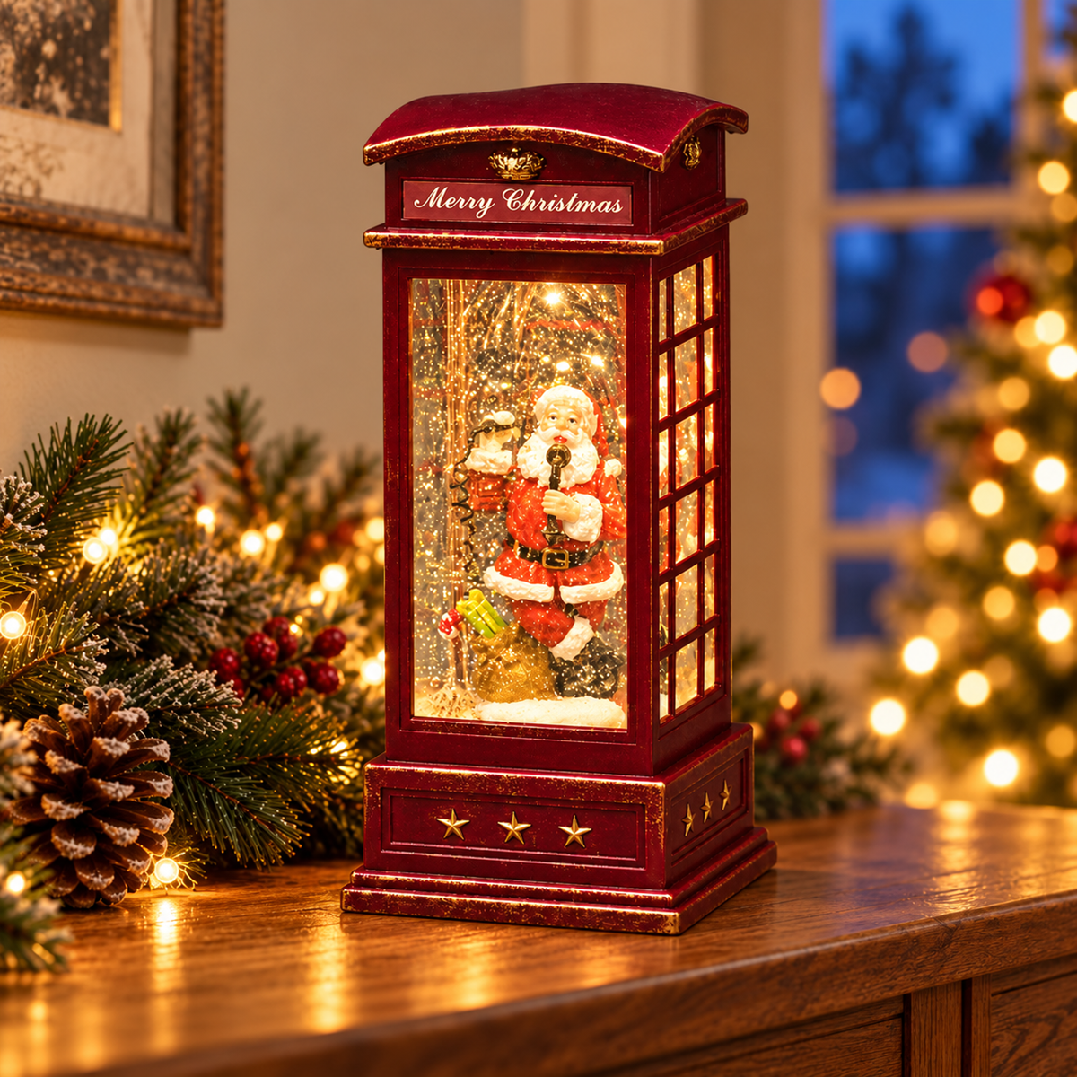 Konstmide Verlicht Kerstfiguur Kerstlantaarn Telefooncel met Kerstman 10.5 x 25 cm 