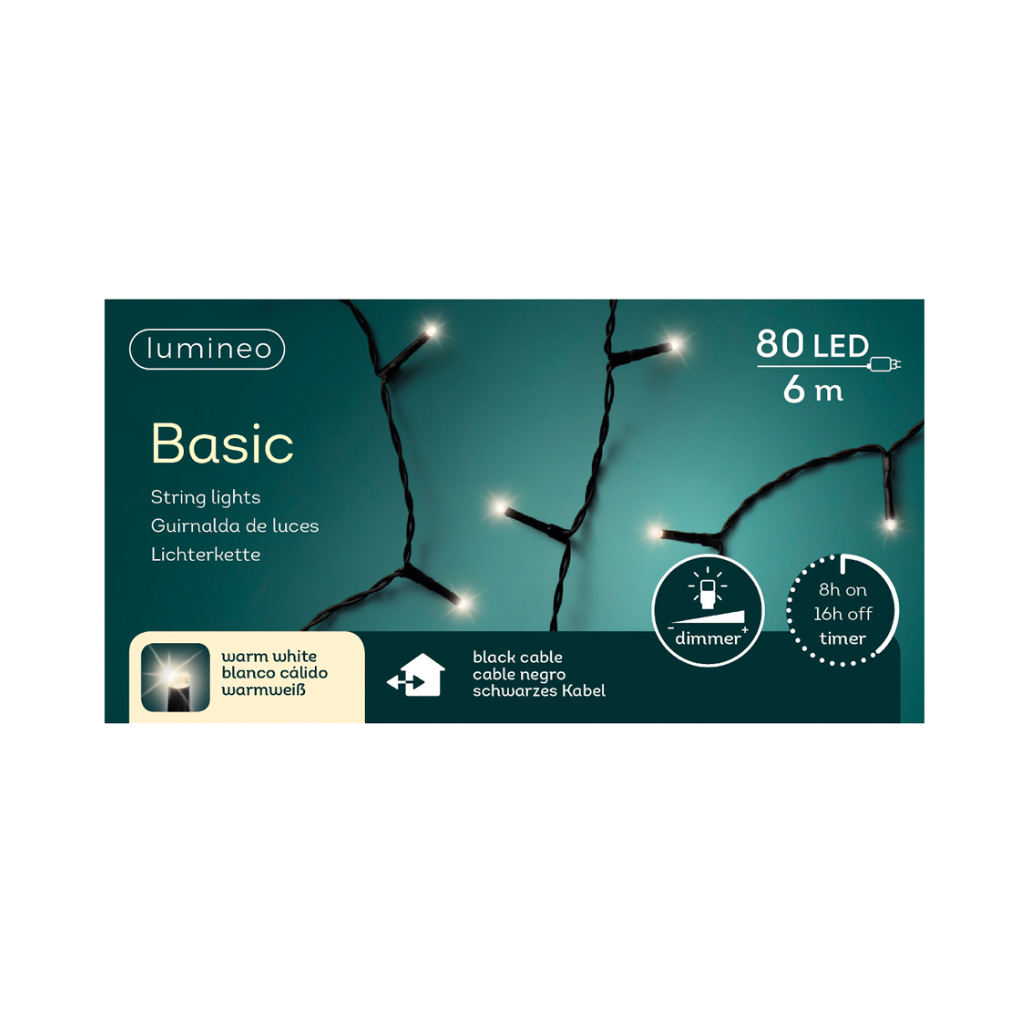 Lumineo LED basic lights zwart 600 cm warm wit 80 lichtjes