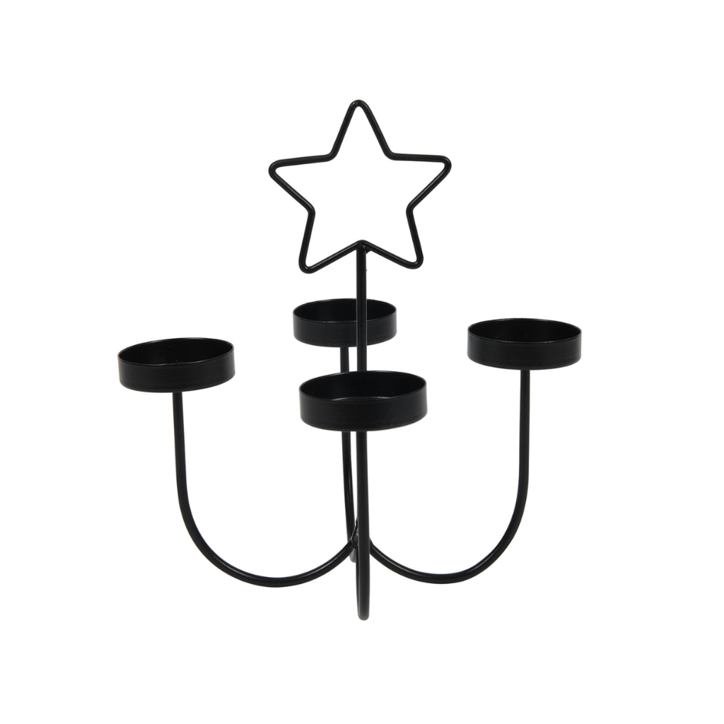 Theelichthouder 4 arms met ster metaal zwart