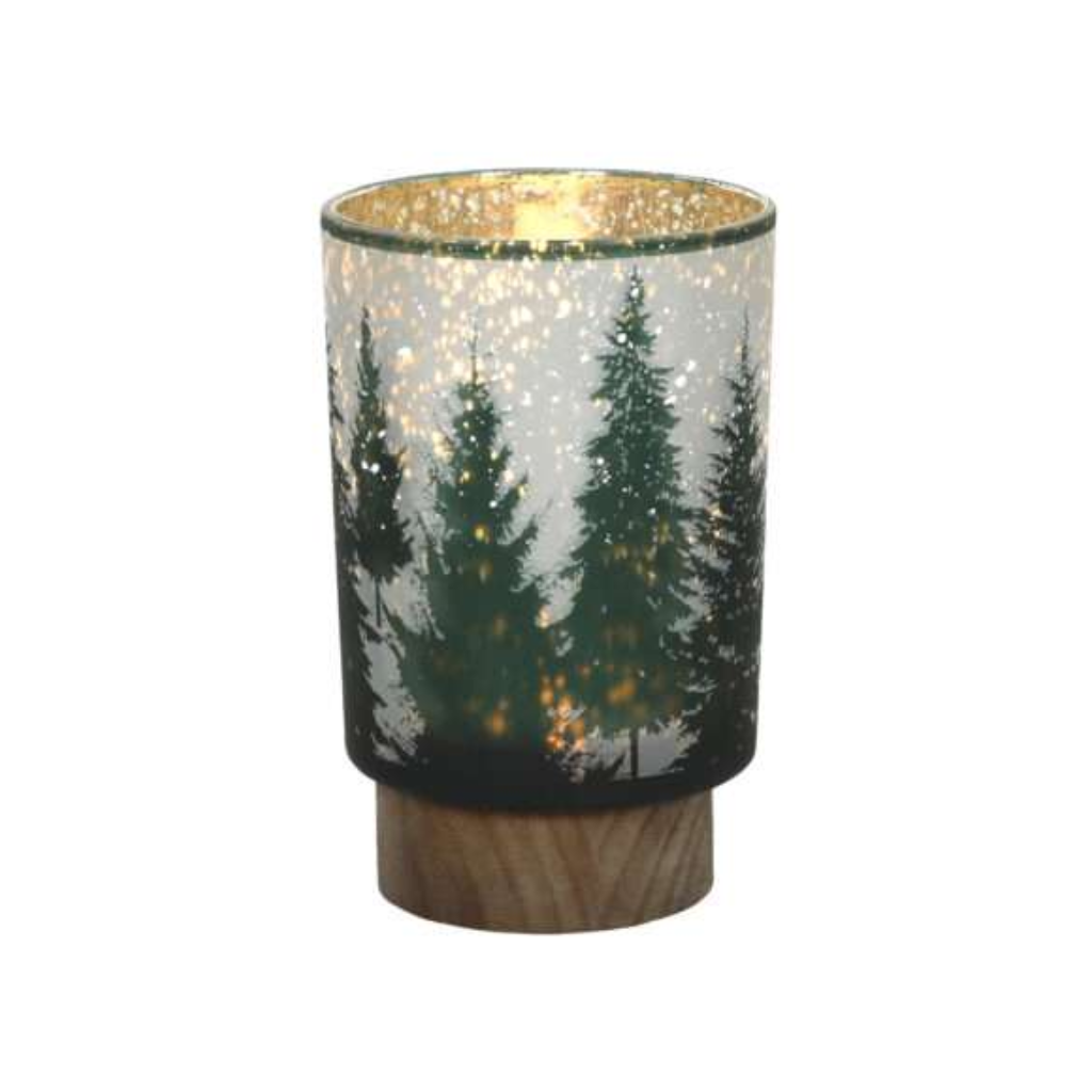 Lamp kerstboom glas met houten voet 10 x 15 cm