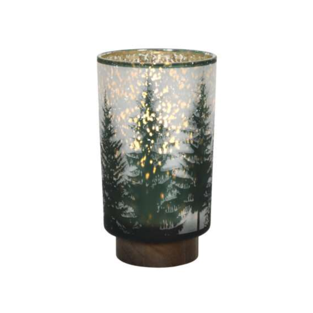 Lamp kerstboom glas met houten voet 12 x 20 cm