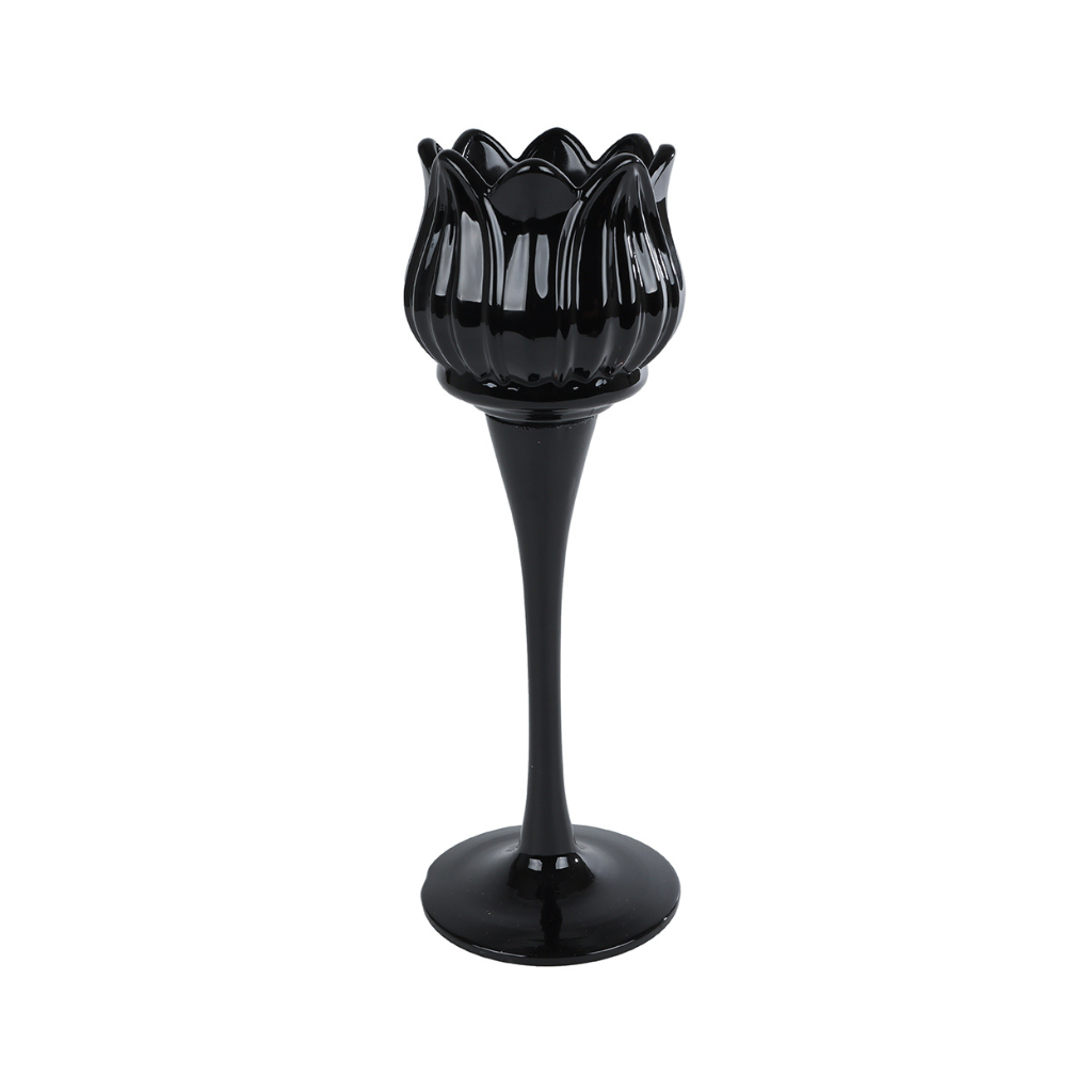 Theelichthouder Tulip zwart glas 7x22cm