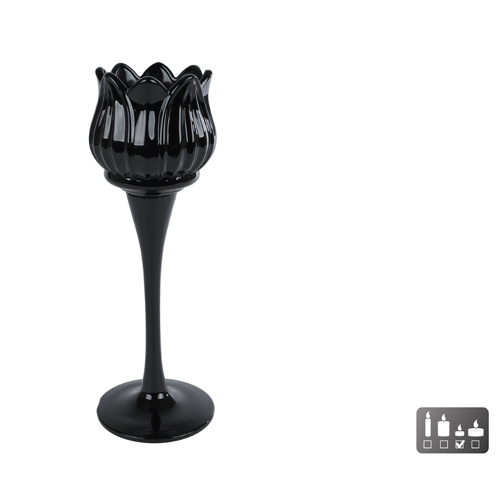 Theelichthouder Tulip zwart glas 7x22cm