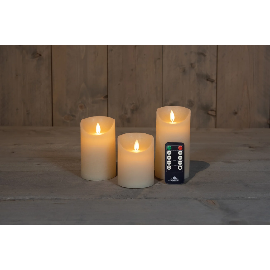 Stompkaars LED Ivoor Wax Rustiek (3 stuks) met afstandsbediening