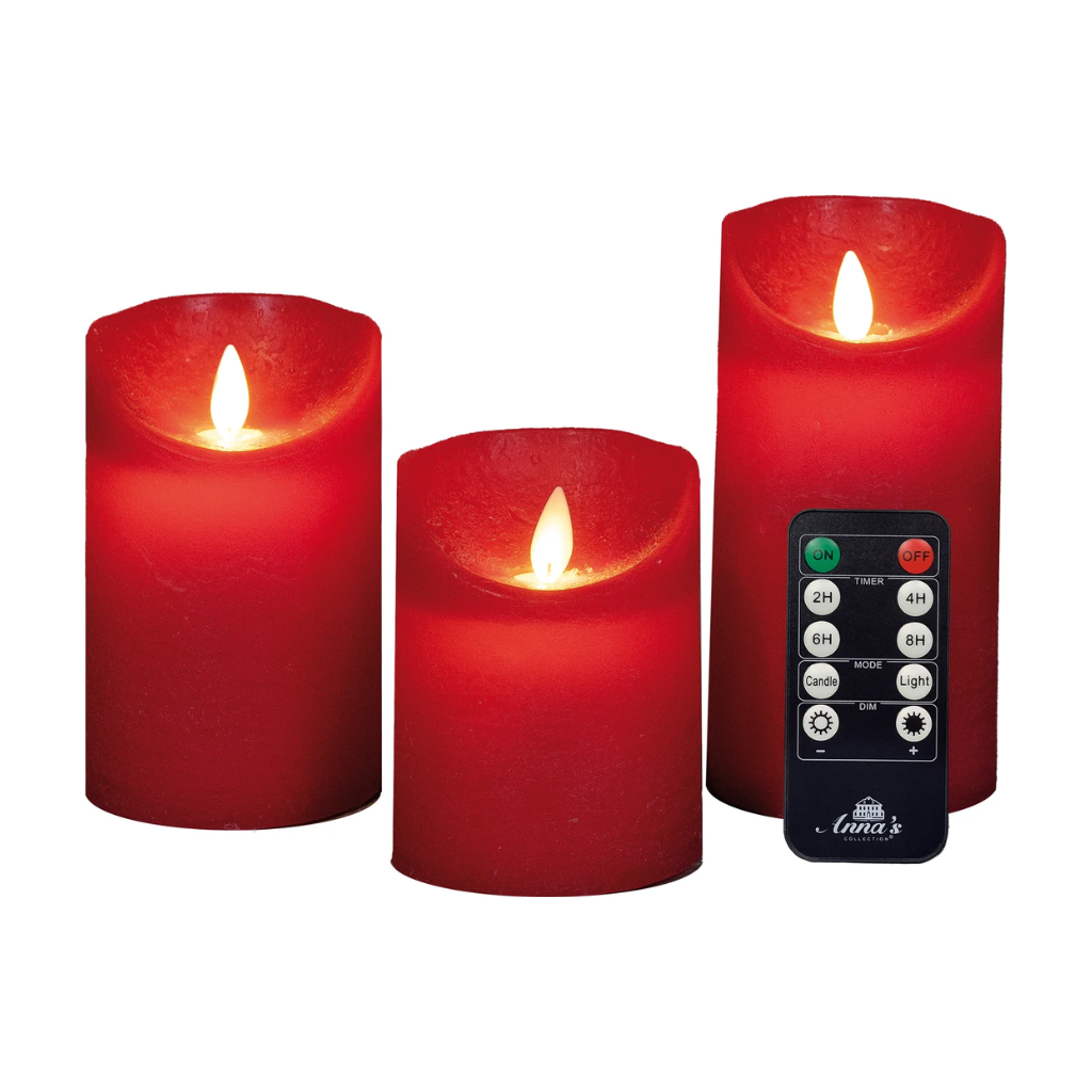 Stompkaars LED Rood Wax Rustiek (3 stuks) met afstandsbediening